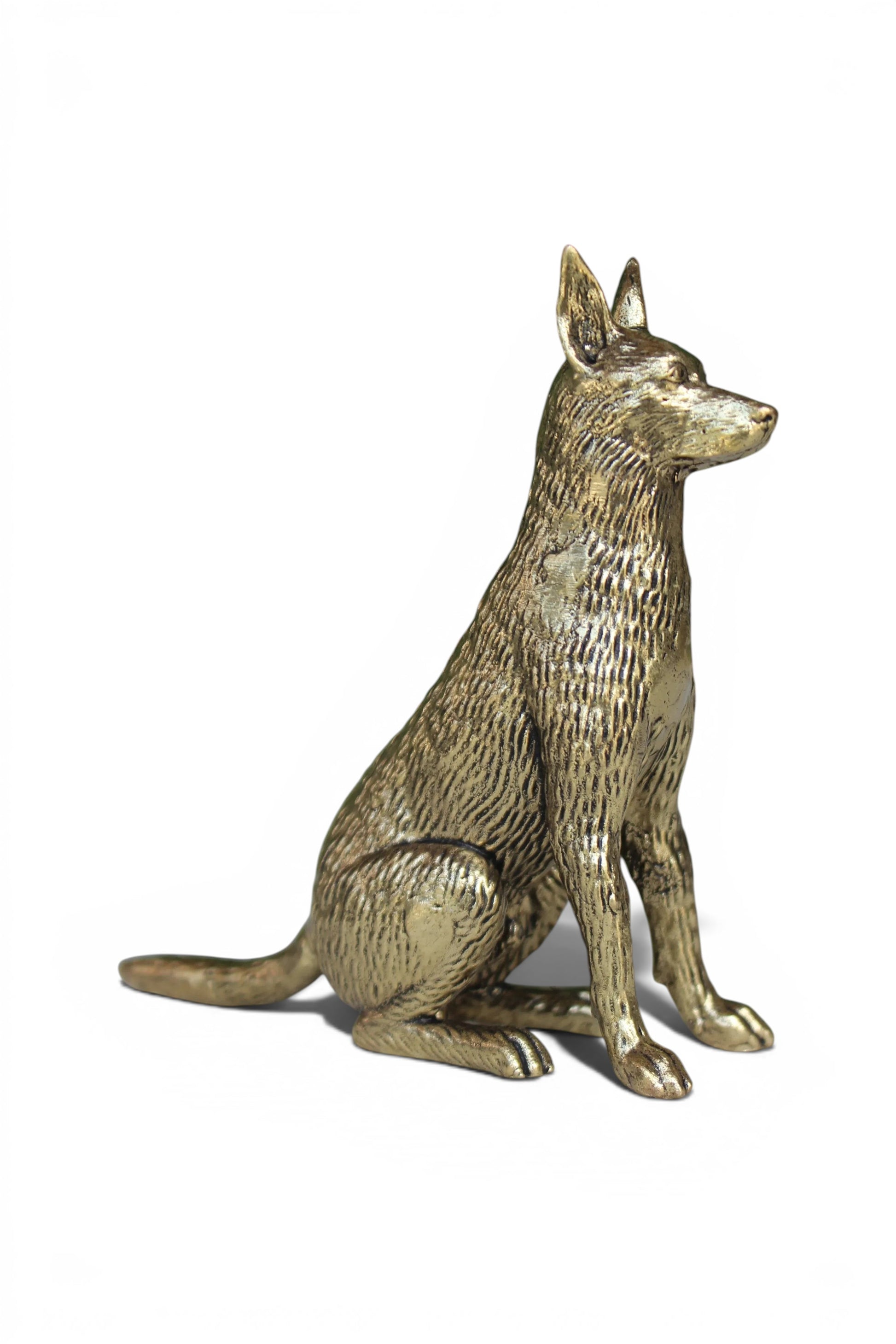 Rigvedaa™ solid brass dog idol, sitting alert with golden finish. Symbolizes loyalty and protection.