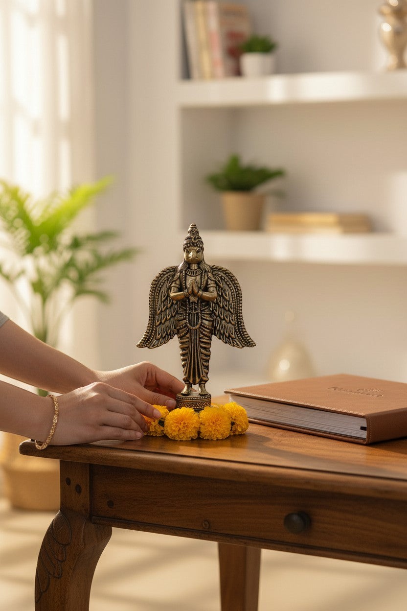 Rigvedaa brass Garuda statue with hands in prayer pose, spread wings, and intricate details. Yellow marigolds adorn the base.