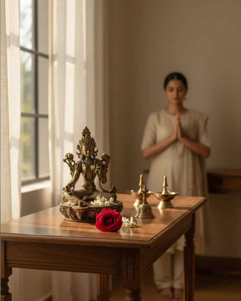 Rigvedaa™ brass Goddess Tara statue seated in meditation on a lotus throne, holding a lotus and in boon-granting mudra.