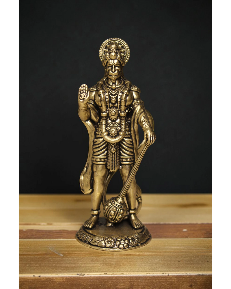 Rigvedaa™ Brass Hanuman idol in Ashirwad pose, holding a mace. Golden finish, intricate detailing.