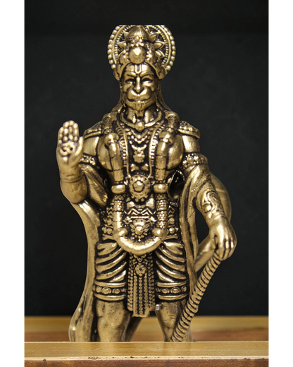 Rigvedaa	rade	rade	rade Hanuman idol in brass, Ashirwad pose, golden finish, 4 inch, for home mandir and puja room.
