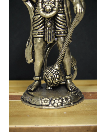 Rigvedaa™ Brass Hanuman idol in Ashirwad pose, holding a mace. Detailed golden finish.