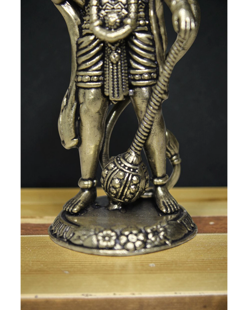 Rigvedaa™ Brass Hanuman idol in Ashirwad pose, holding a mace. Detailed golden finish.