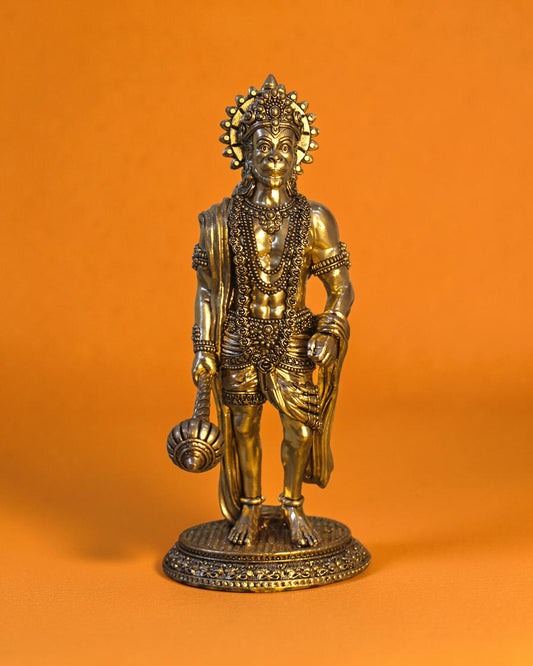 Rigvedaa brass standing Hanuman idol with Gada, 10-inch, golden patina, detailed craftsmanship, spiritual decor