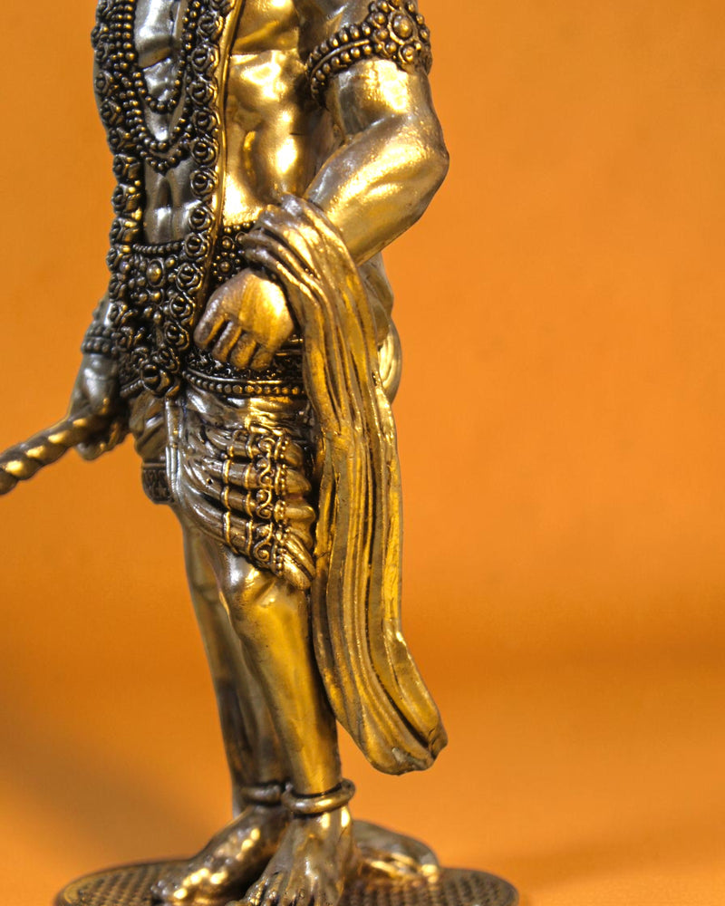 Rigvedaa brass standing Hanuman idol with Gada, 10-inch, golden patina, detailed craftsmanship, devotional art