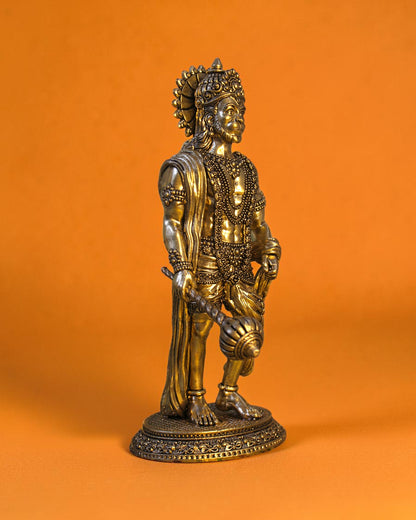 Rigvedaa brass standing Hanuman idol with Gada, 10-inch, intricate details, golden patina, devotional statue.