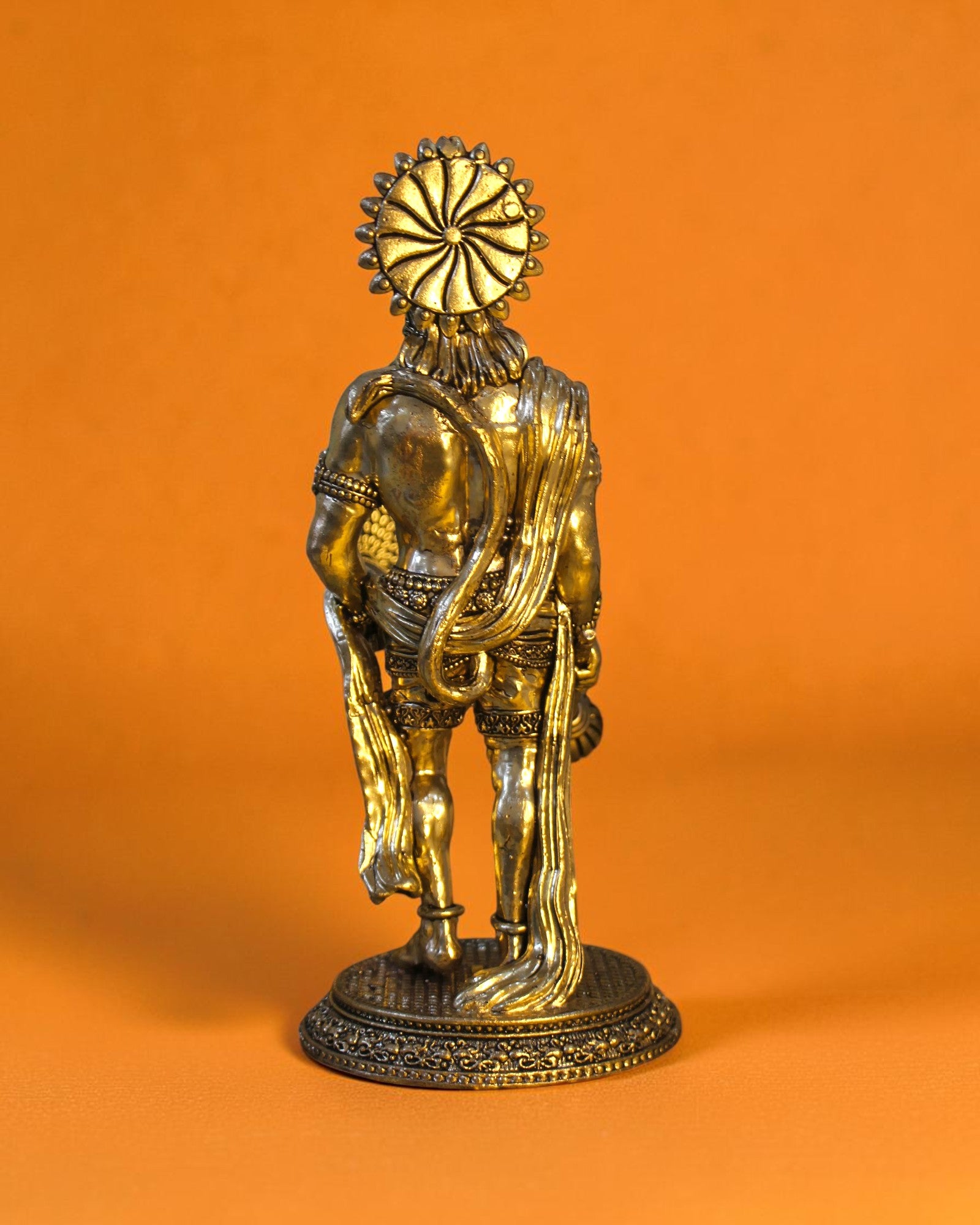 Rigvedaa brass standing Hanuman idol with Gada, 10-inch, golden patina, detailed craftsmanship, devotional art.