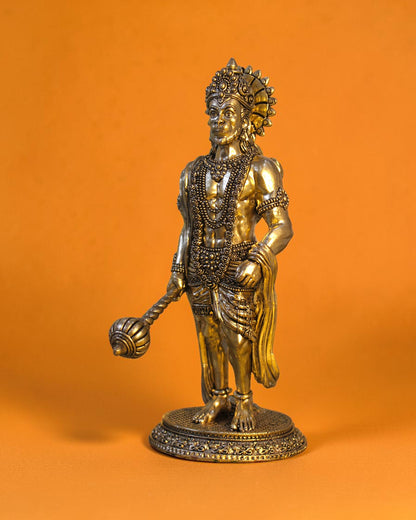 Rigvedaa brass standing Hanuman idol with Gada, 10-inch, golden patina, intricate details, devotional statue.