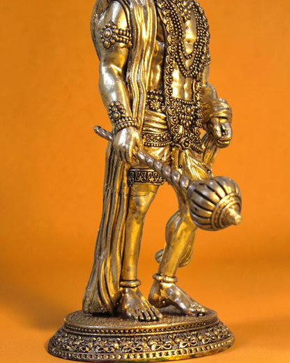 Rigvedaa brass standing Hanuman idol with Gada, 10-inch, golden patina, intricate details, devotional art