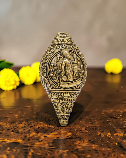 Rigvedaa brass shankh with Lord Hanuman engraving, ideal for pooja and home mandir decoration.
