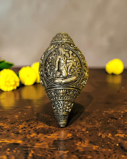 Rigvedaa™ brass shankh with Lord Hanuman engraving, ideal for pooja and home mandir decor.
