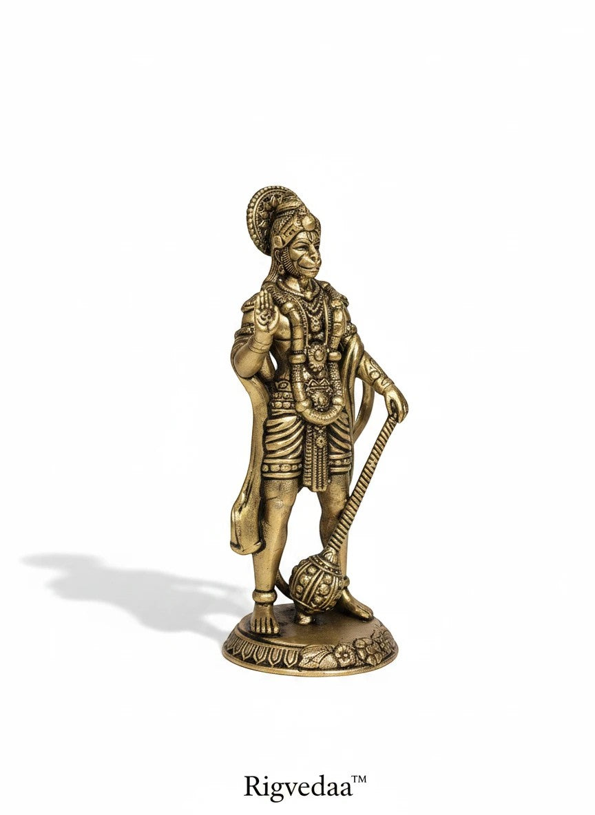 Rigvedaa™ brass Hanuman statue in Ashirwad pose, 4-inch antique gold finish, holding a mace.