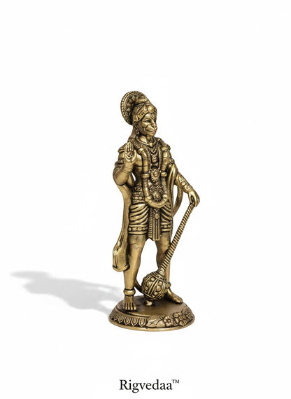 Rigvedaa™ brass Hanuman statue in Ashirwad pose, 4-inch antique gold finish, holding a mace.