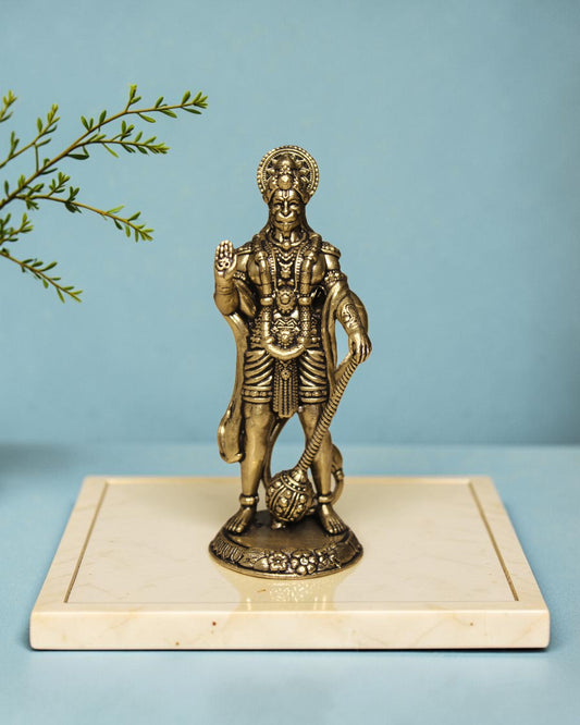 Rigvedaa brass Hanuman statue in Ashirwad pose, holding a mace. Antique gold finish, 4-inch.