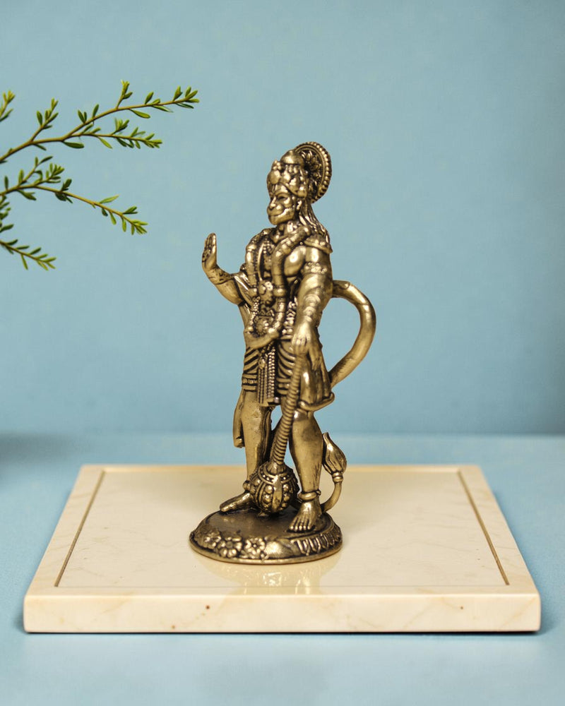 Rigvedaa brass Hanuman statue in Ashirwad pose, holding a mace, antique gold finish, 4 inches.