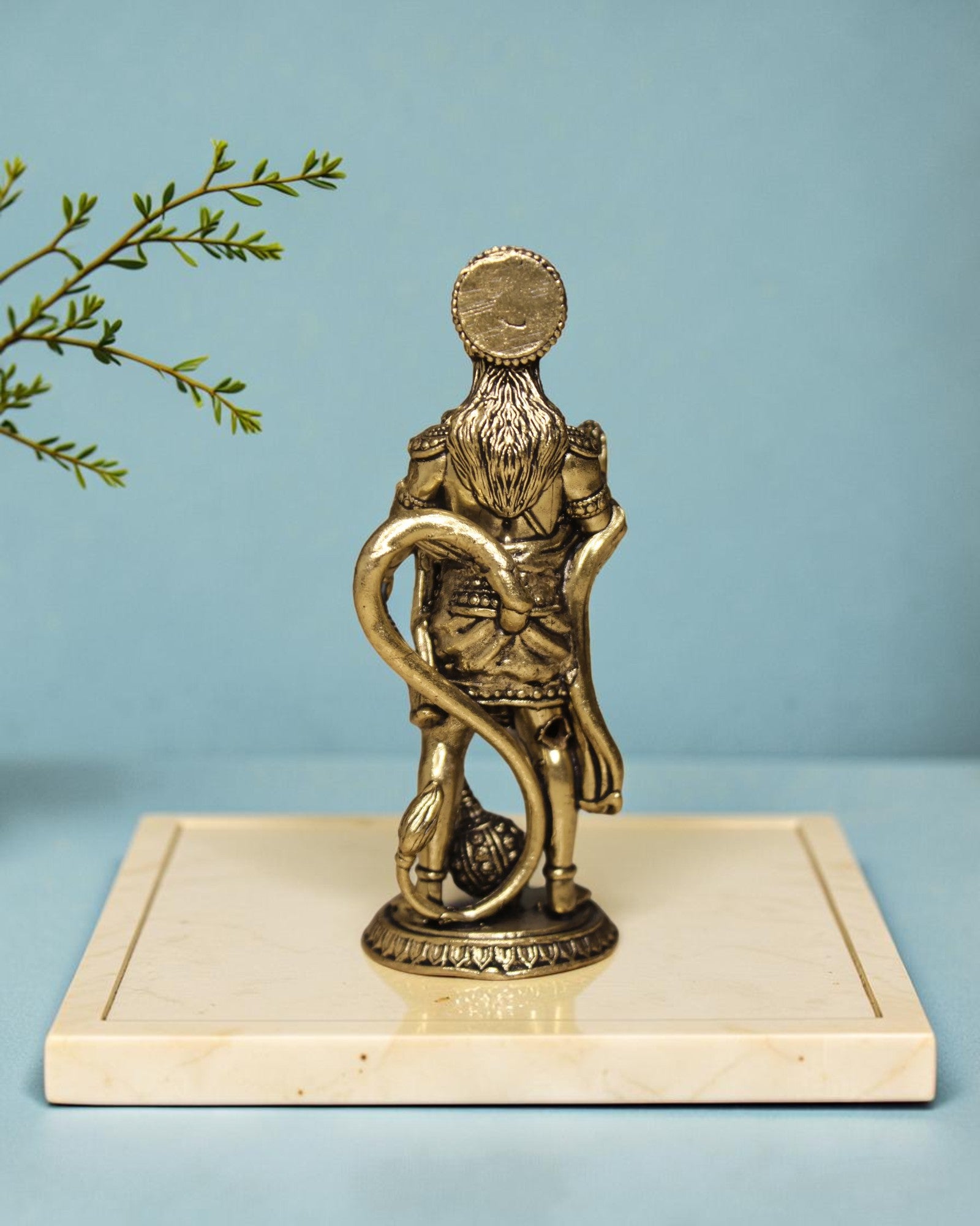 Rigvedaa™ Brass Hanuman statue in Ashirwad pose, antique gold finish, 4-inch height, detailed mace and crown.