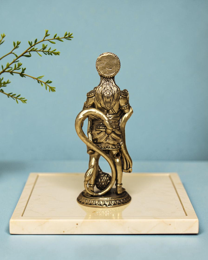 Rigvedaa™ Brass Hanuman statue in Ashirwad pose, antique gold finish, 4-inch height, detailed mace and crown.