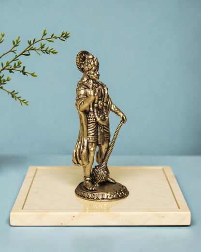 Rigvedaa™ Brass Hanuman statue in Ashirwad pose, holding a mace. Antique gold finish, 4 inches.