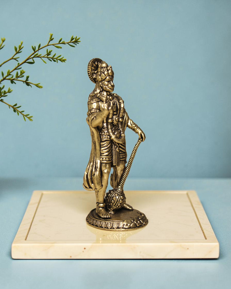 Rigvedaa™ Brass Hanuman statue in Ashirwad pose, holding a mace. Antique gold finish, 4 inches.