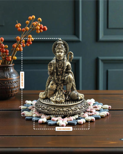 Rigvedaa™ brass Hanuman Ji statue in Ashirvad blessing pose, featuring intricate carvings and a warm golden patina.