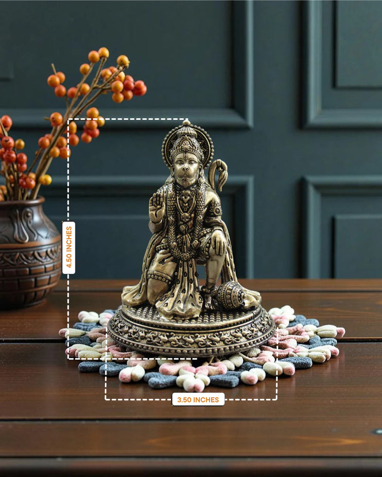 Rigvedaa™ brass Hanuman Ji statue in Ashirvad blessing pose, featuring intricate carvings and a warm golden patina.