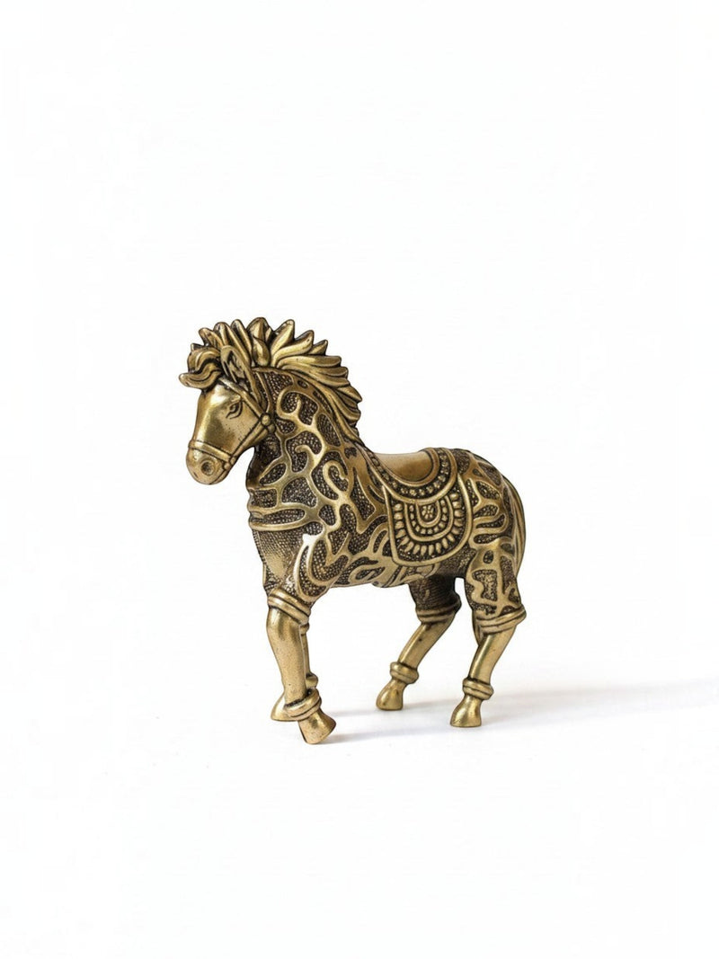 Rigvedaa™ 3.75-inch decorative brass horse statue with intricate traditional relief work and a warm golden patina finish.