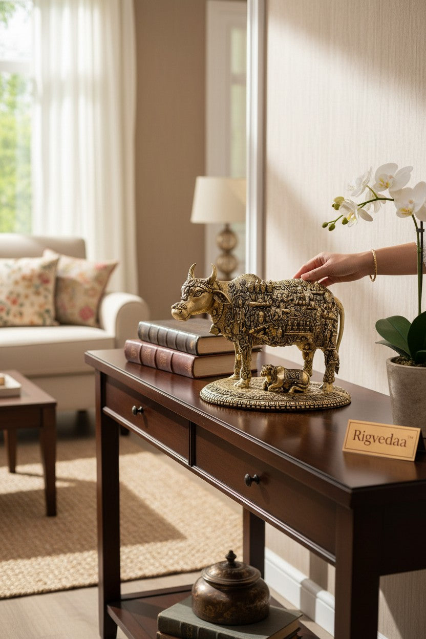 Rigvedaa brass Kamdhenu cow and calf idol with engraved gods, symbolizing prosperity and blessings.