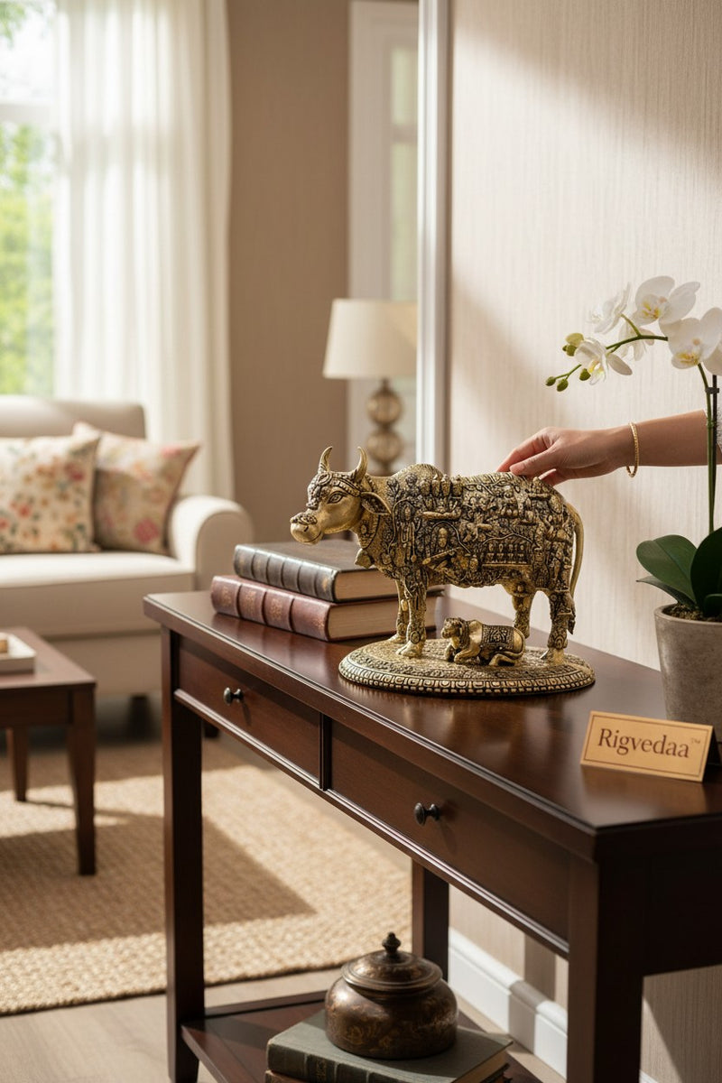Rigvedaa brass Kamdhenu cow and calf idol with engraved gods, symbolizing prosperity and blessings.