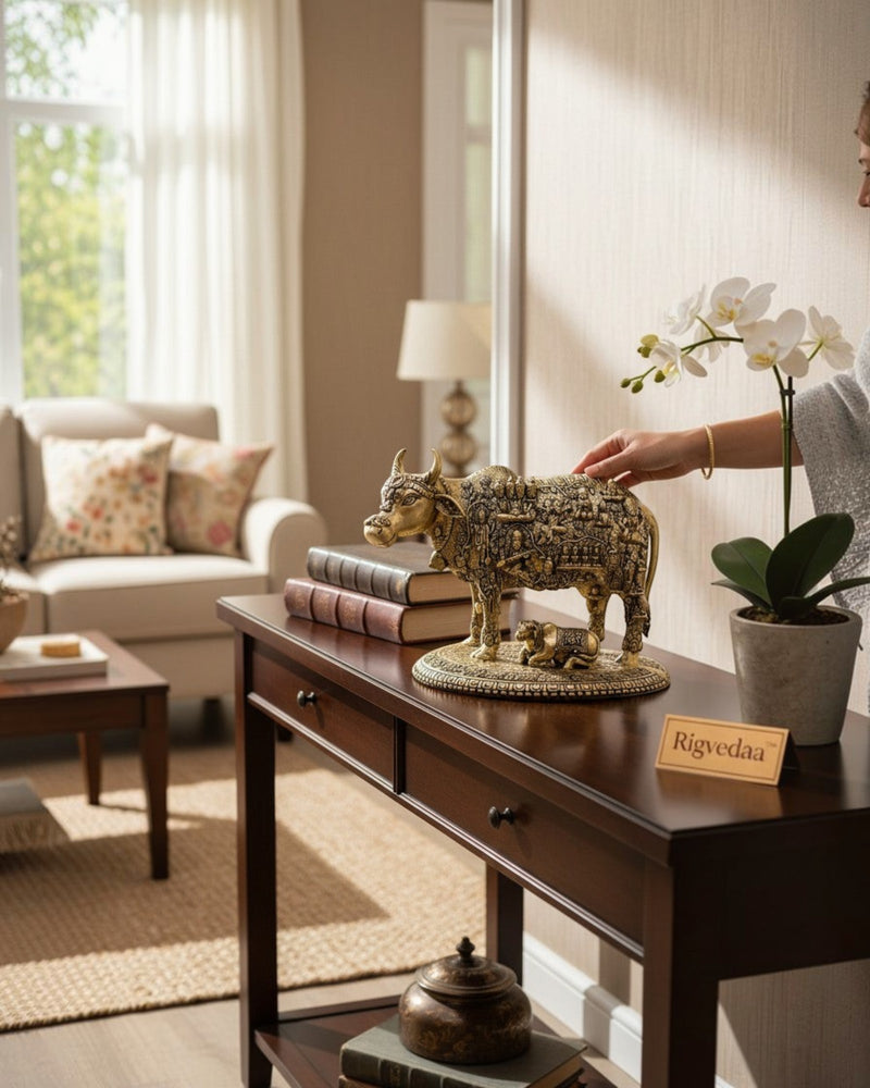 Rigvedaa brass Kamdhenu cow and calf idol with engraved gods, symbolizing prosperity and blessings.