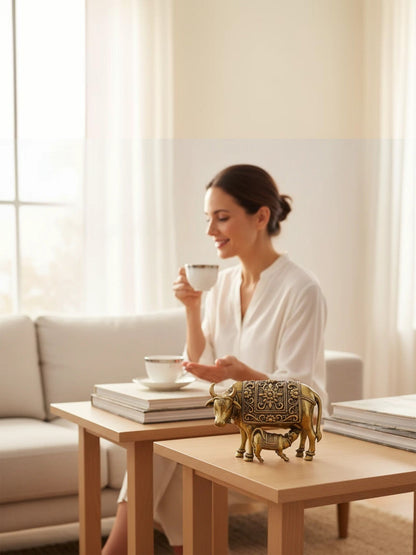 Rigvedaa™ brass Kamdhenu cow and calf idol with intricate floral carvings displayed on a wooden table in a bright room.