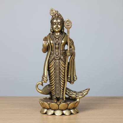Rigvedaa brass Lord Kartikeya idol with spear and peacock, for pooja room and home decor.