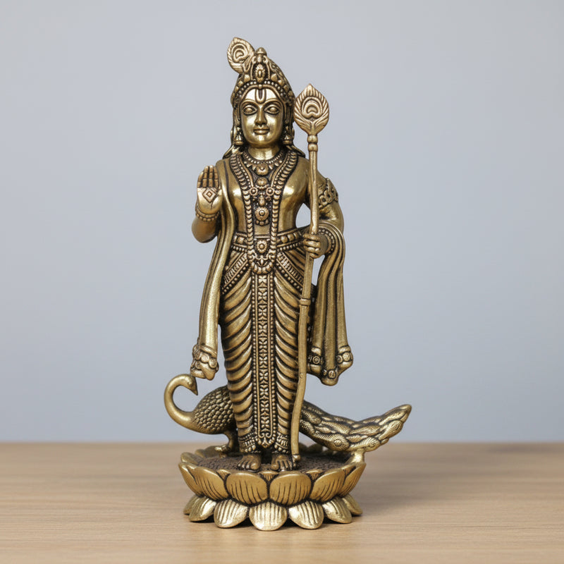 Rigvedaa brass Lord Kartikeya idol with spear and peacock, for pooja room and home decor.