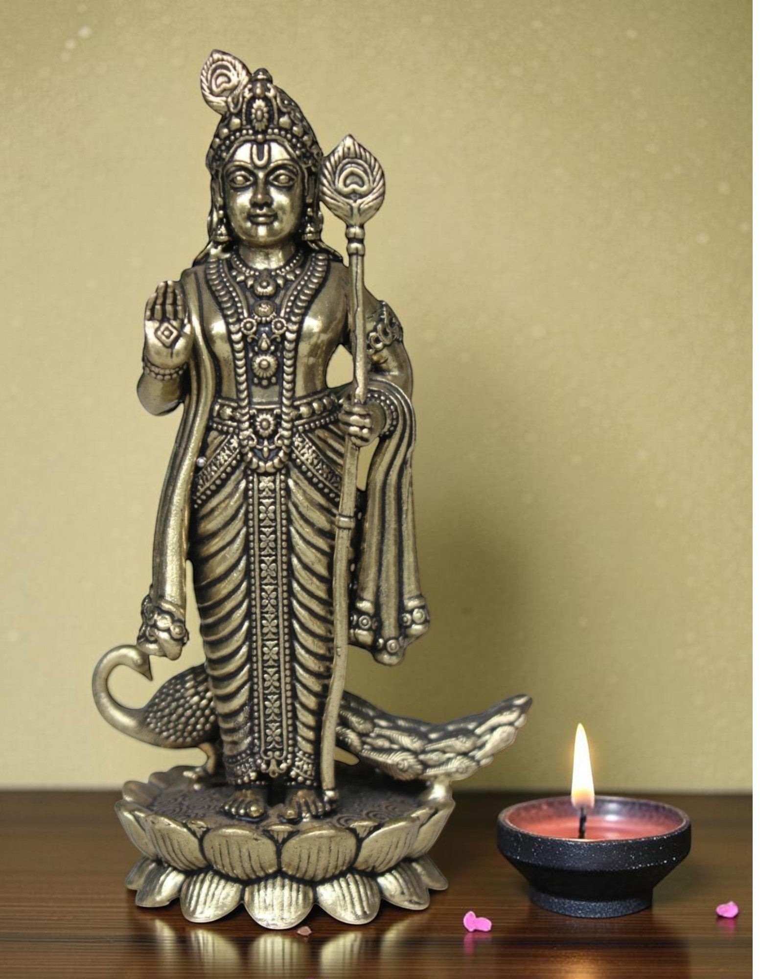 Rigvedaa brass Lord Kartikeya idol with spear and peacock, for pooja room and home decor.