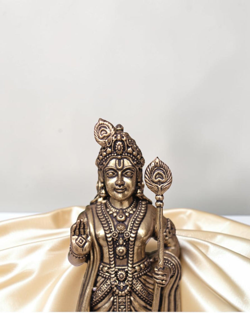 Rigvedaa brass Lord Kartikeya idol with spear, detailed traditional Indian deity statue for pooja room.
