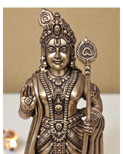Rigvedaa brass Lord Kartikeya idol with spear, detailed traditional Indian deity statue for pooja room.