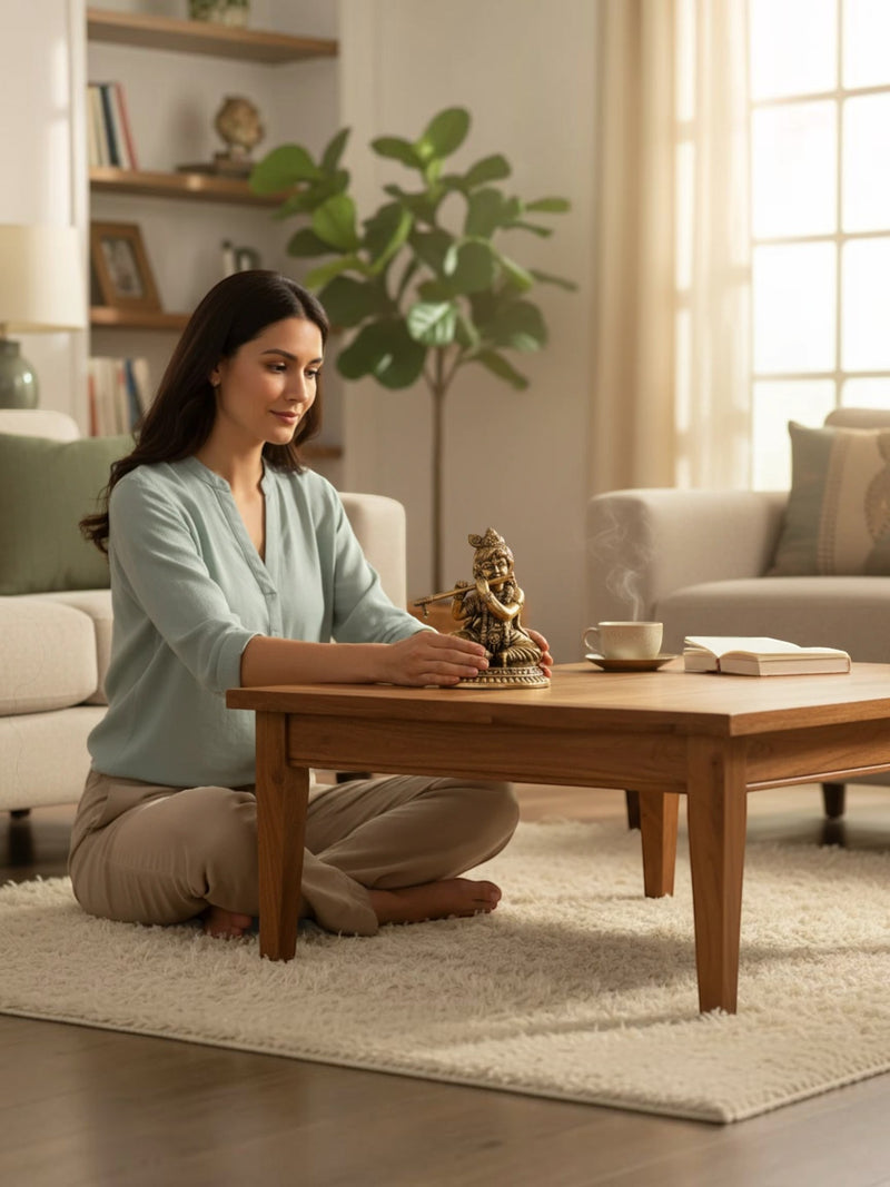 A woman sits on a rug, admiring a Rigvedaa™ brass Laddu Gopal idol with a flute on a wooden coffee table.