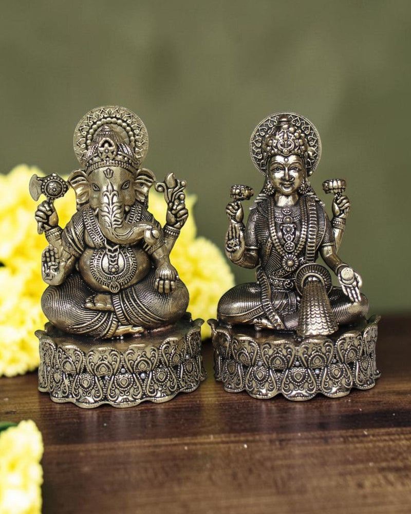 Rigvedaa brass Lakshmi Ganesh idol on lotus base, intricate detailing, golden finish. Goddess of wealth and Lord of wisdom.