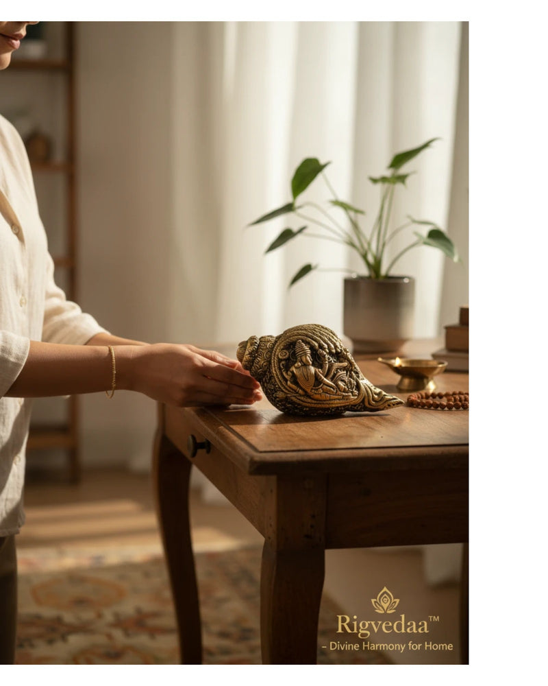 Rigvedaa™ brass Lakshmi Narayan Vishnu Shankh with intricate engravings, ideal for pooja rooms and home temples.