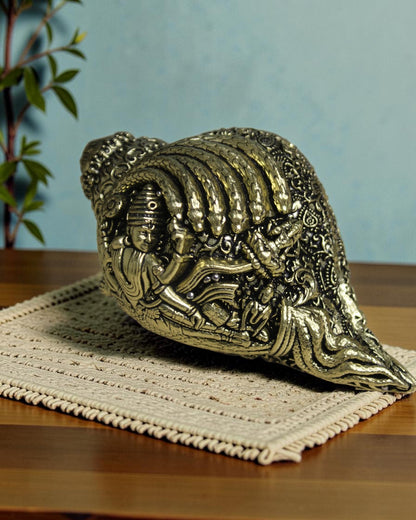 Rigvedaa™ Brass Lakshmi Narayan Vishnu Shankh with intricate engravings, golden finish, for pooja room and home temple.