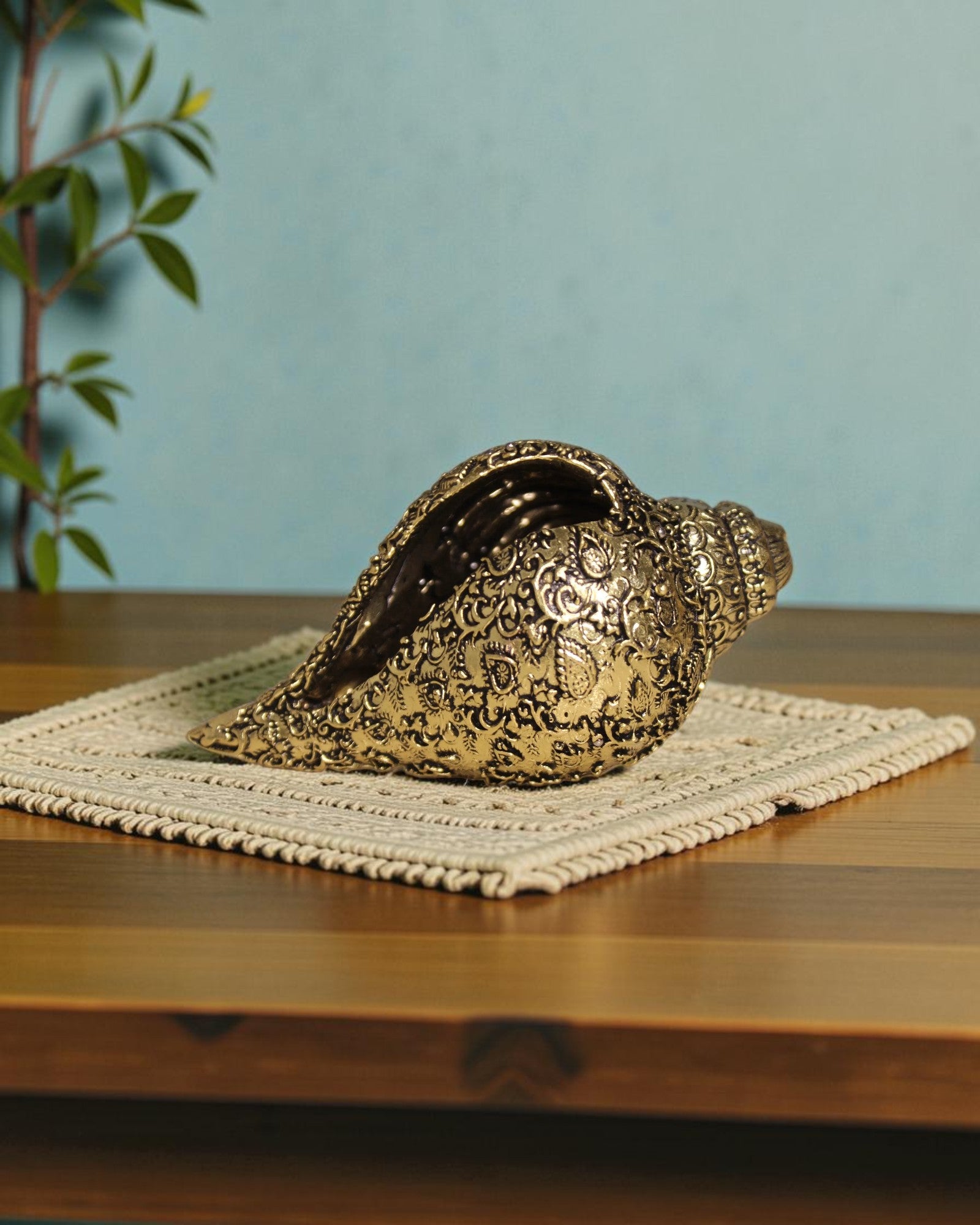 Rigvedaa™ brass Lakshmi Narayan Vishnu Shankh with intricate traditional engravings, golden finish, for pooja room.