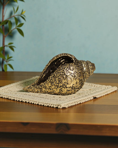 Rigvedaa™ brass Lakshmi Narayan Vishnu Shankh with intricate traditional engravings, golden finish, for pooja room.