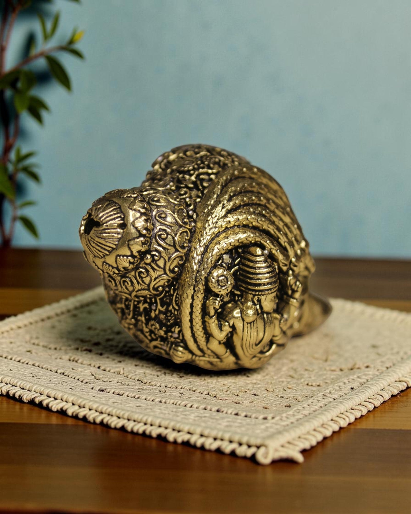 Rigvedaa™ Brass Lakshmi Narayan Vishnu Shankh with intricate engravings, golden finish, for Pooja room.