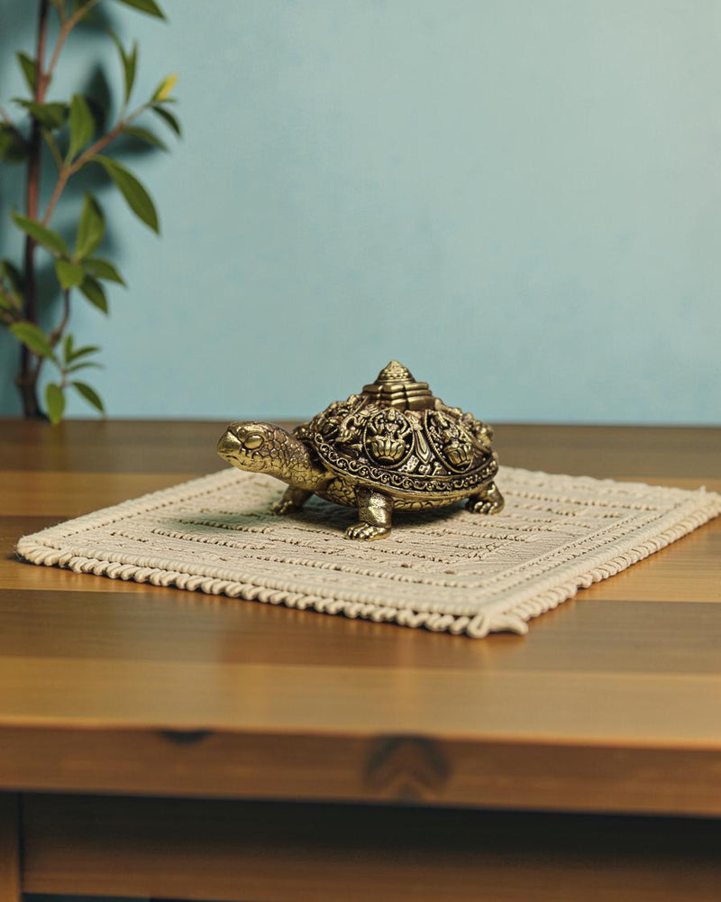 Rigvedaa brass Ashta Lakshmi tortoise with Shree Yantra, intricate golden patina, Vastu Feng Shui turtle for prosperity.
