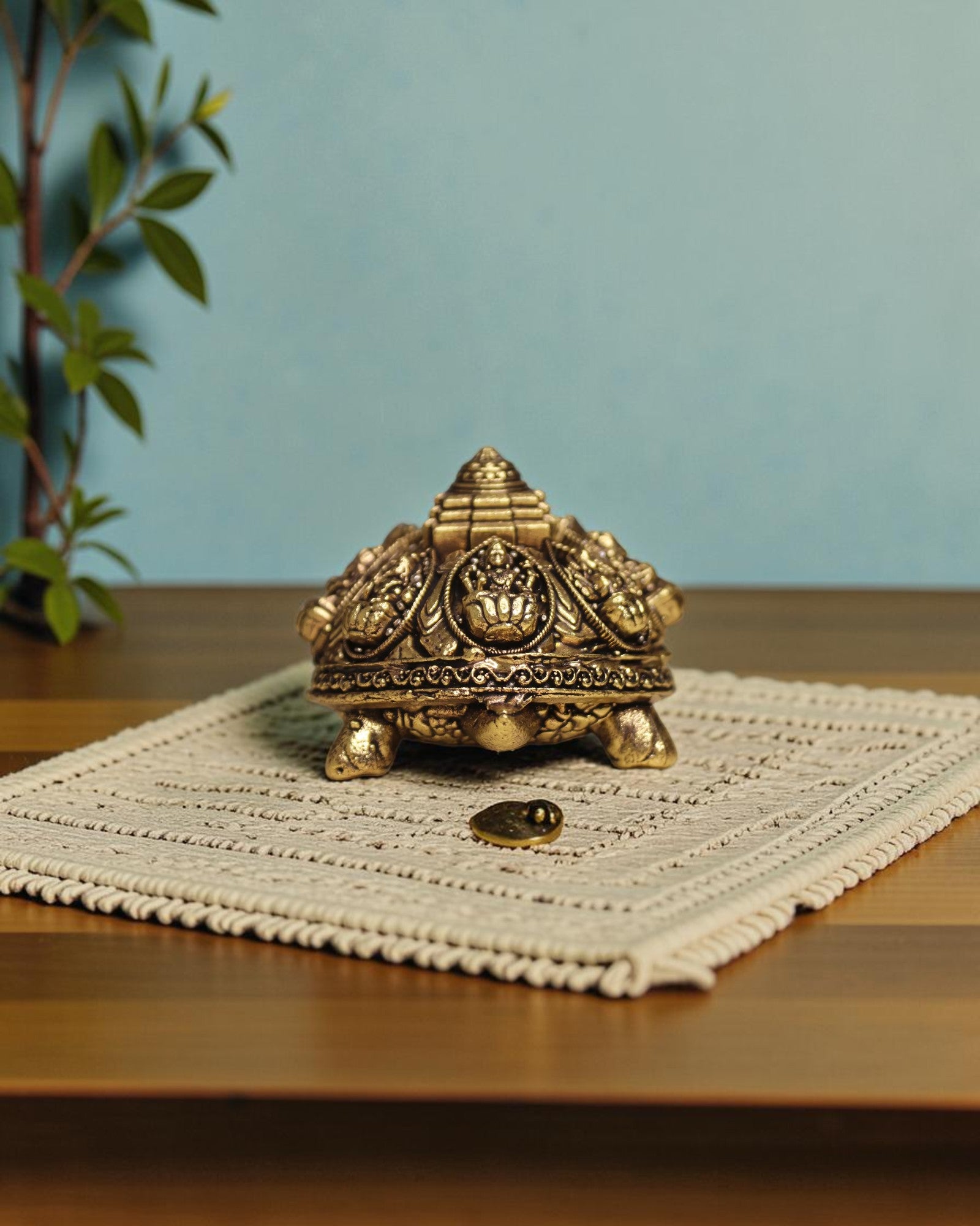 Rigvedaa brass Ashta Lakshmi tortoise with Shree Yantra, intricate carvings, golden patina, Vastu Feng Shui turtle for prosperity.