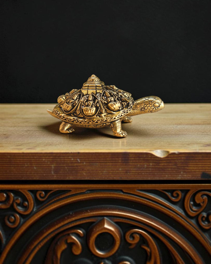 Rigvedaa™ Ashta Lakshmi brass tortoise with Shree Yantra engraving, a Vastu Feng Shui turtle for prosperity and wealth.