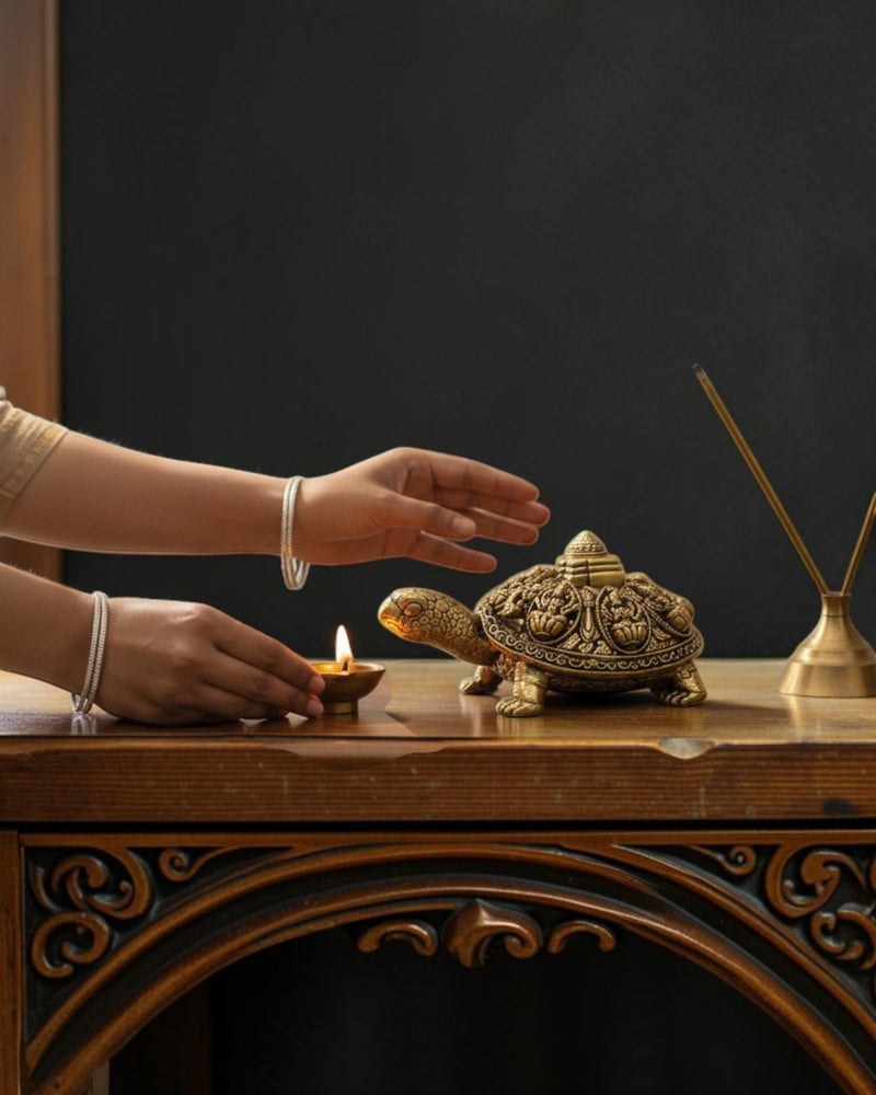 Rigvedaa™ brass tortoise figurine with Ashta Lakshmi and Shree Yantra engraving, symbolizing prosperity and good fortune.