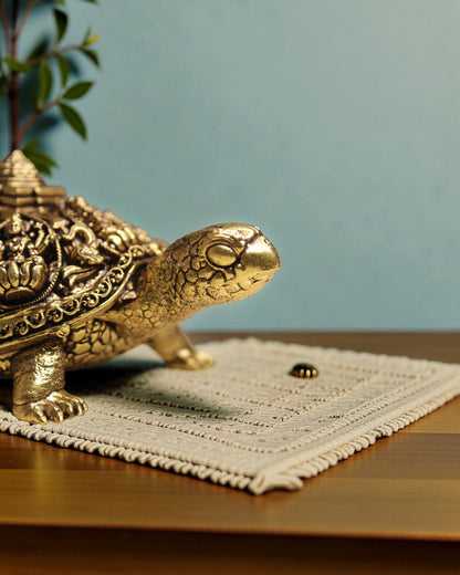 Rigvedaa brass Ashta Lakshmi tortoise with Shree Yantra, intricate golden patina, Vastu Feng Shui turtle for prosperity.