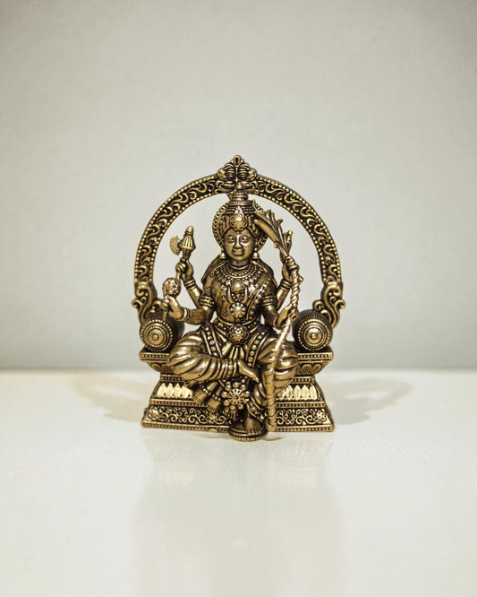 Rigvedaa™ Brass Lalitha Tripura Sundari Devi idol, 4-inch, golden patina, intricate traditional relief work, seated posture, holding divine weapons.