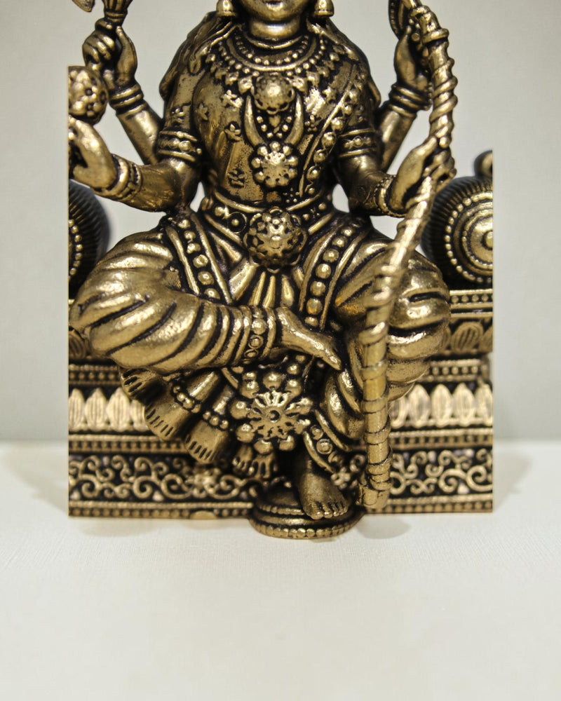 Rigvedaa™ Brass Lalitha Tripura Sundari Devi idol, 4-inch, golden patina, intricate traditional relief work, seated posture, divine ornaments, crown, compassionate expression.