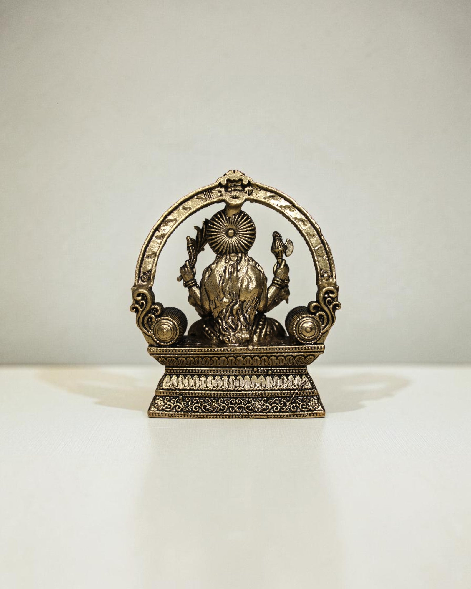 Rigvedaa™ Brass Lalitha Tripura Sundari Devi idol, 4-inch, golden patina, intricate traditional relief work, for puja room and home temple.